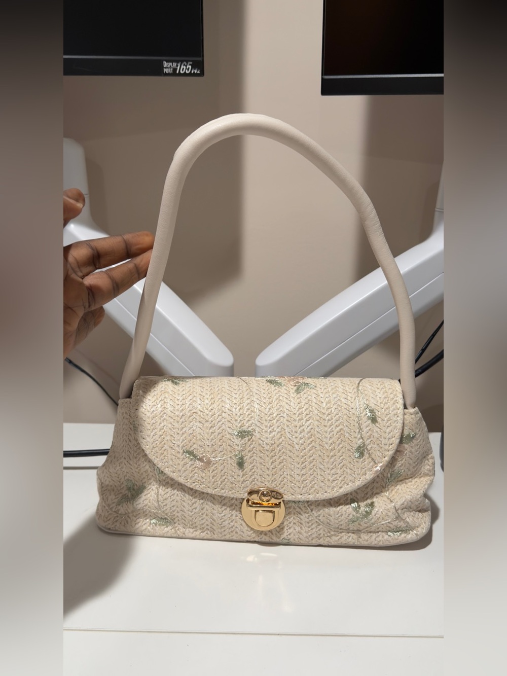 Cream Embroidered Shoulder Bag with Gold Clasp